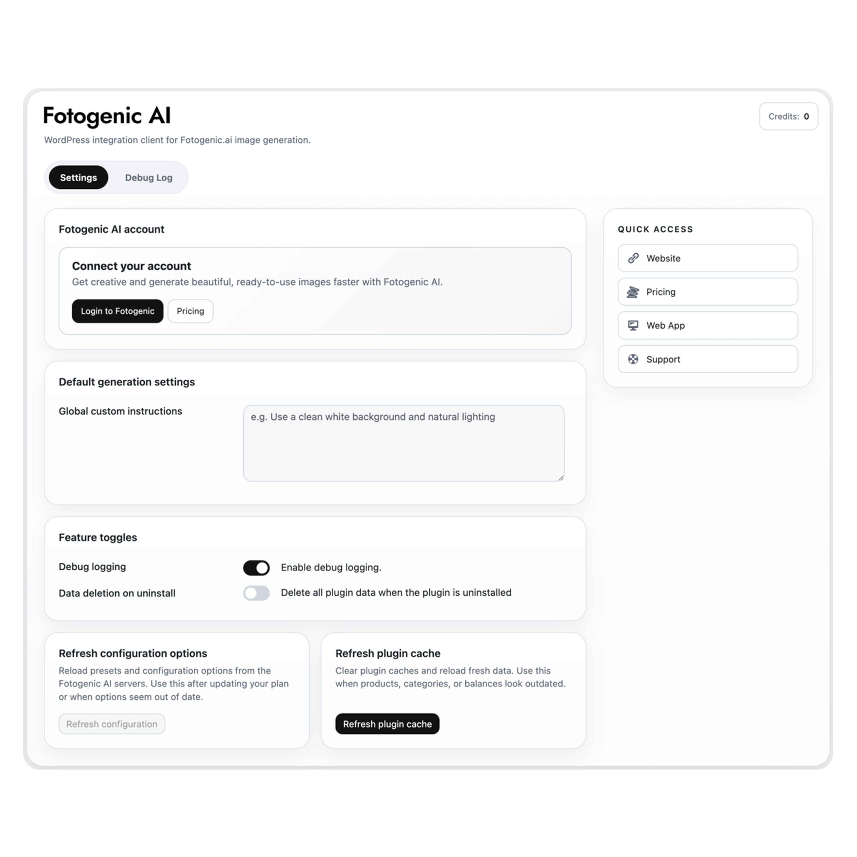 Connect your Fotogenic AI account, manage default generation behavior, and control plugin settings from one place. Keep your WooCommerce image workflow ready, synced, and consistent across the store.