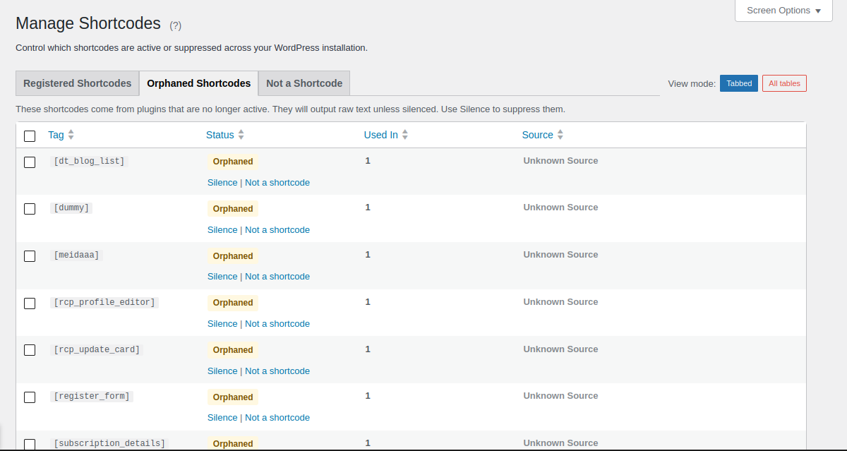 Shortcode Manager — full list of registered and orphaned shortcodes with their source and current status
