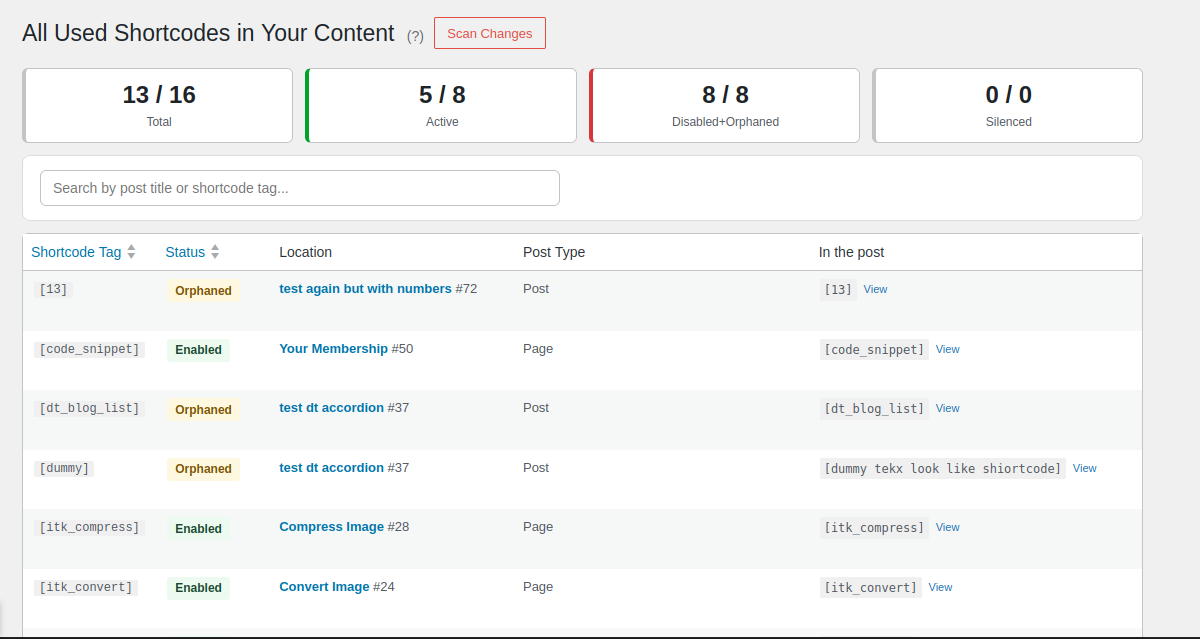 Scanner — scan your content to find which posts contain orphaned or problematic shortcodes