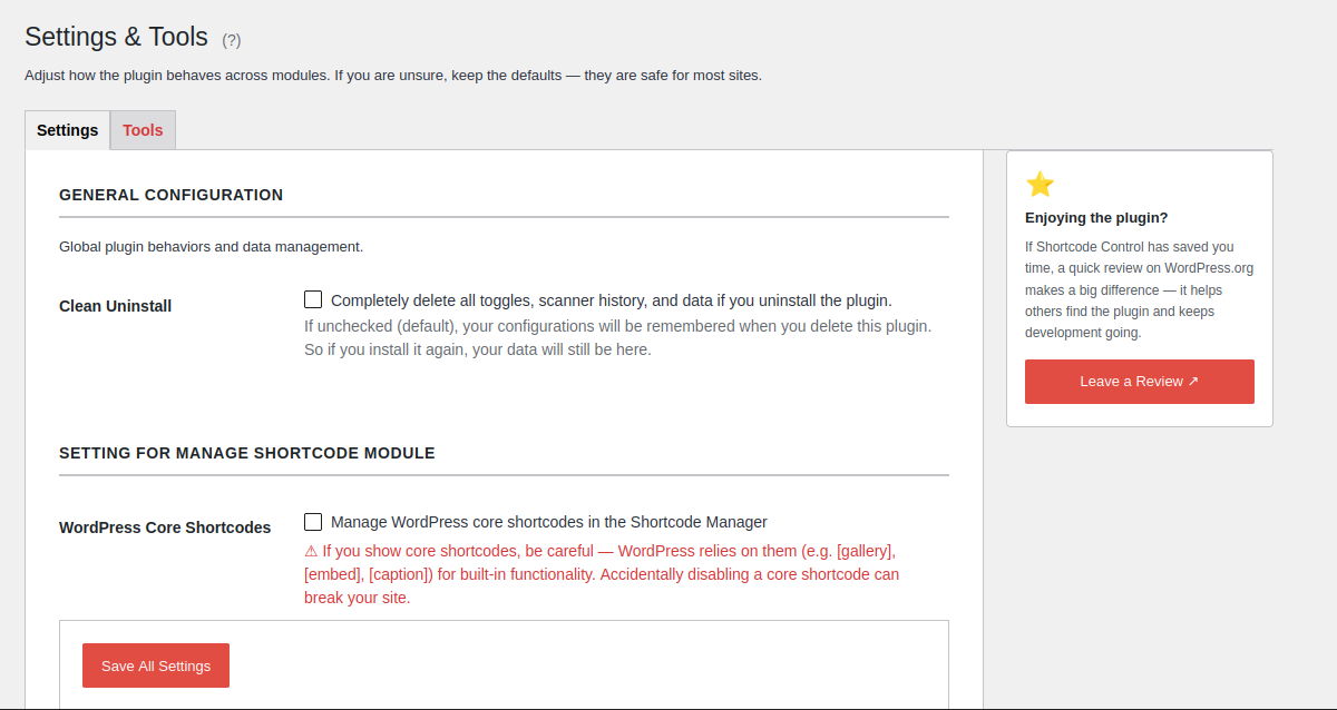 Settings — configure scan exclusions and plugin behaviour
