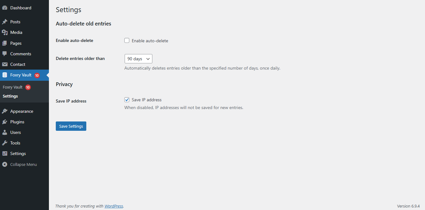 Settings — auto-delete schedule for GDPR compliance and IP address privacy toggle (English)