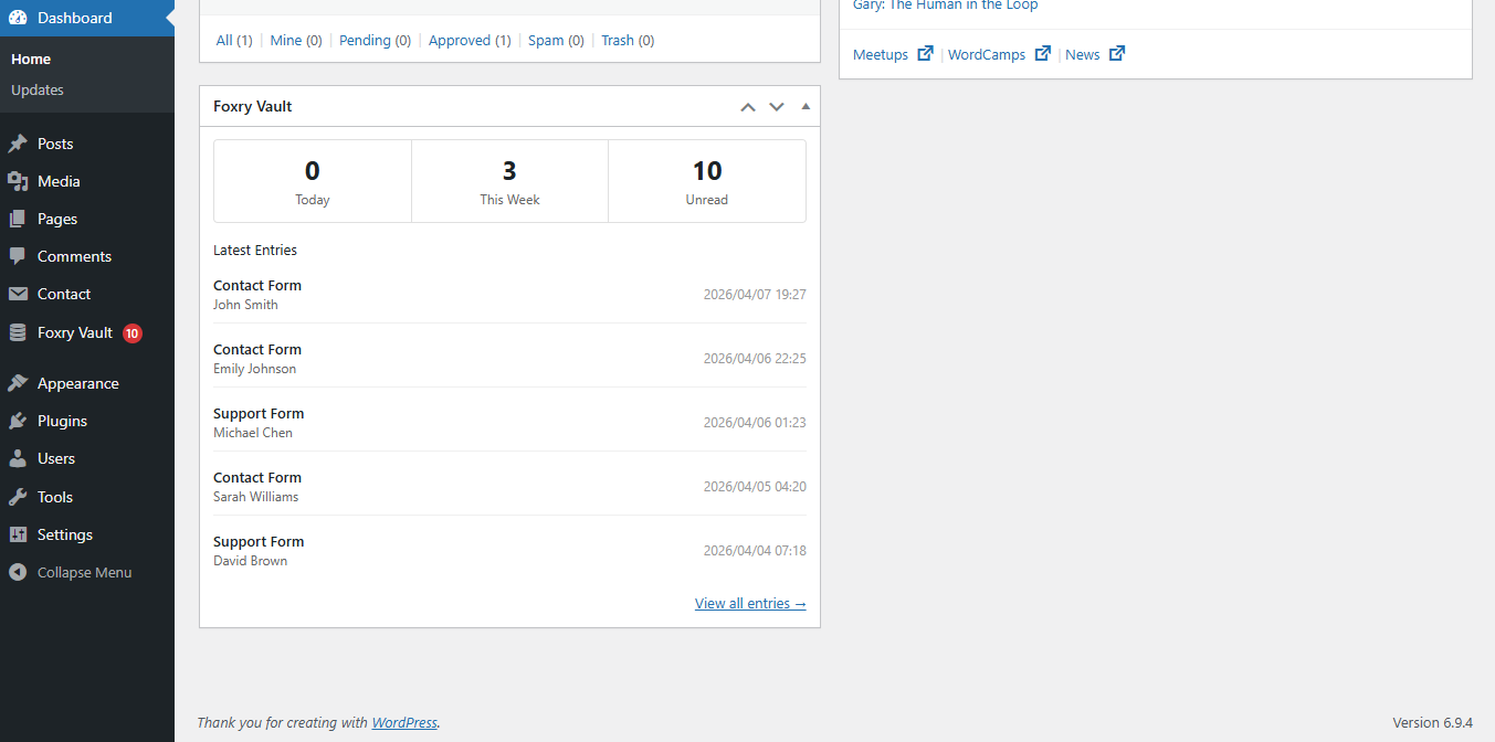 Dashboard widget — today / this week / unread counts with latest entries at a glance (English)