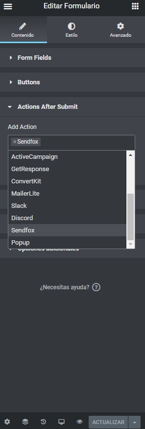**Select from the Dropdown.** Just select Foxy from the "Actions After Submit" dropdown in the form widget.