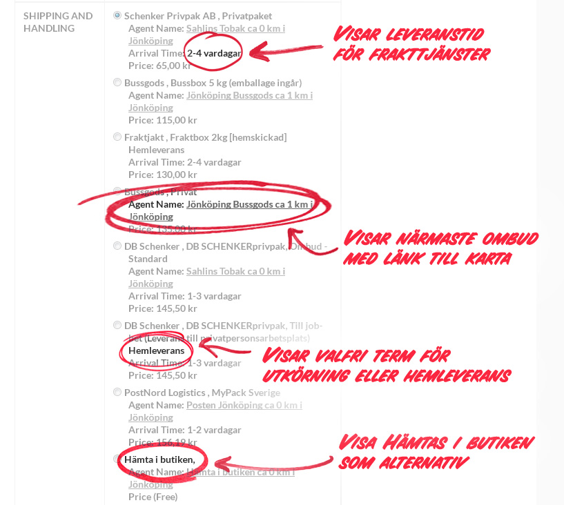 Example of customer interface to select shipping alternatives.