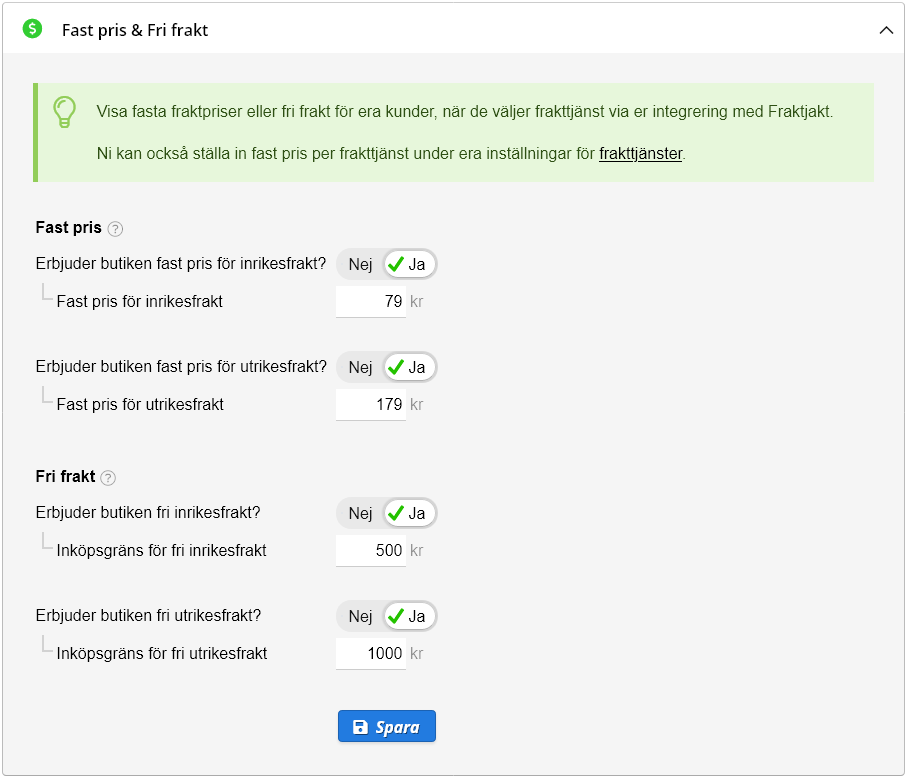 Fixed price or free shipping settings in Fraktjakt.