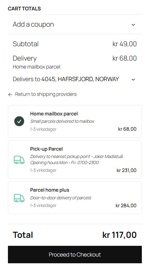 The cart choices showing available shipping methods after the customer has chosen a shipping provider, including details like estimated delivery time and pickup location.