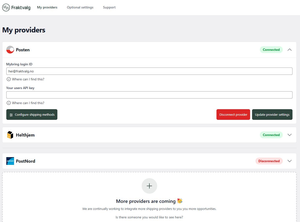 The Fraktvalg settings page, showing two connected shipping providers, and one not yet configured.