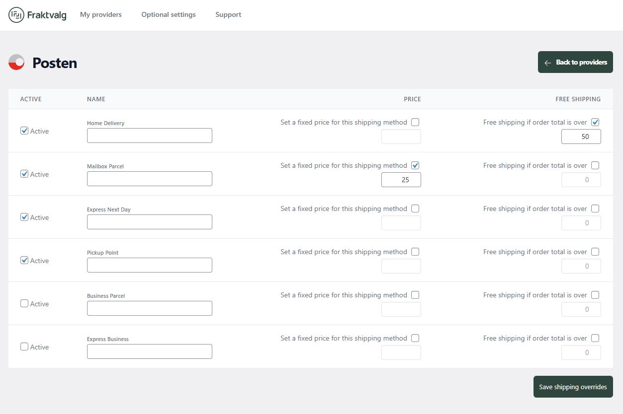 The screen presented when clicking through to configure shipping methods for a provider. Giving a site admin the possibility to customize shipping method names, set fixed prices for certain shipping methods, or even give free shipping based on order totals.