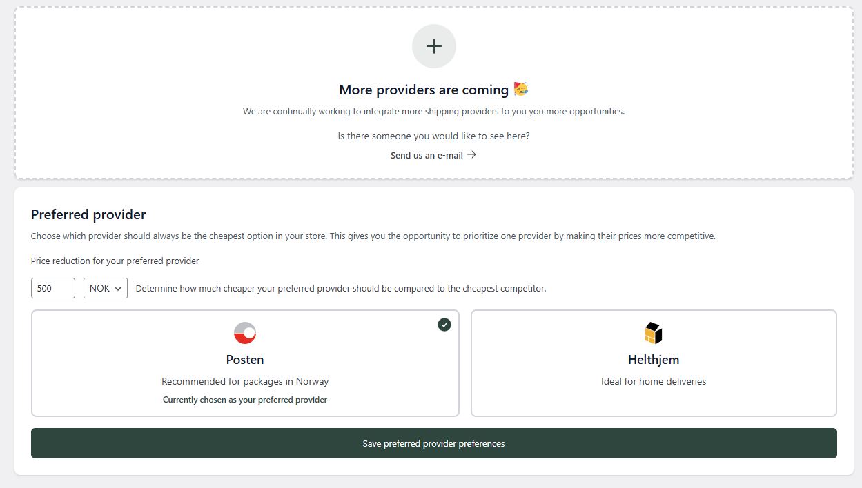 The preferred shipping provider settings, with a provider chosen, and a discount applied that will undercut the cheapeast competing providers cost by the given amount.