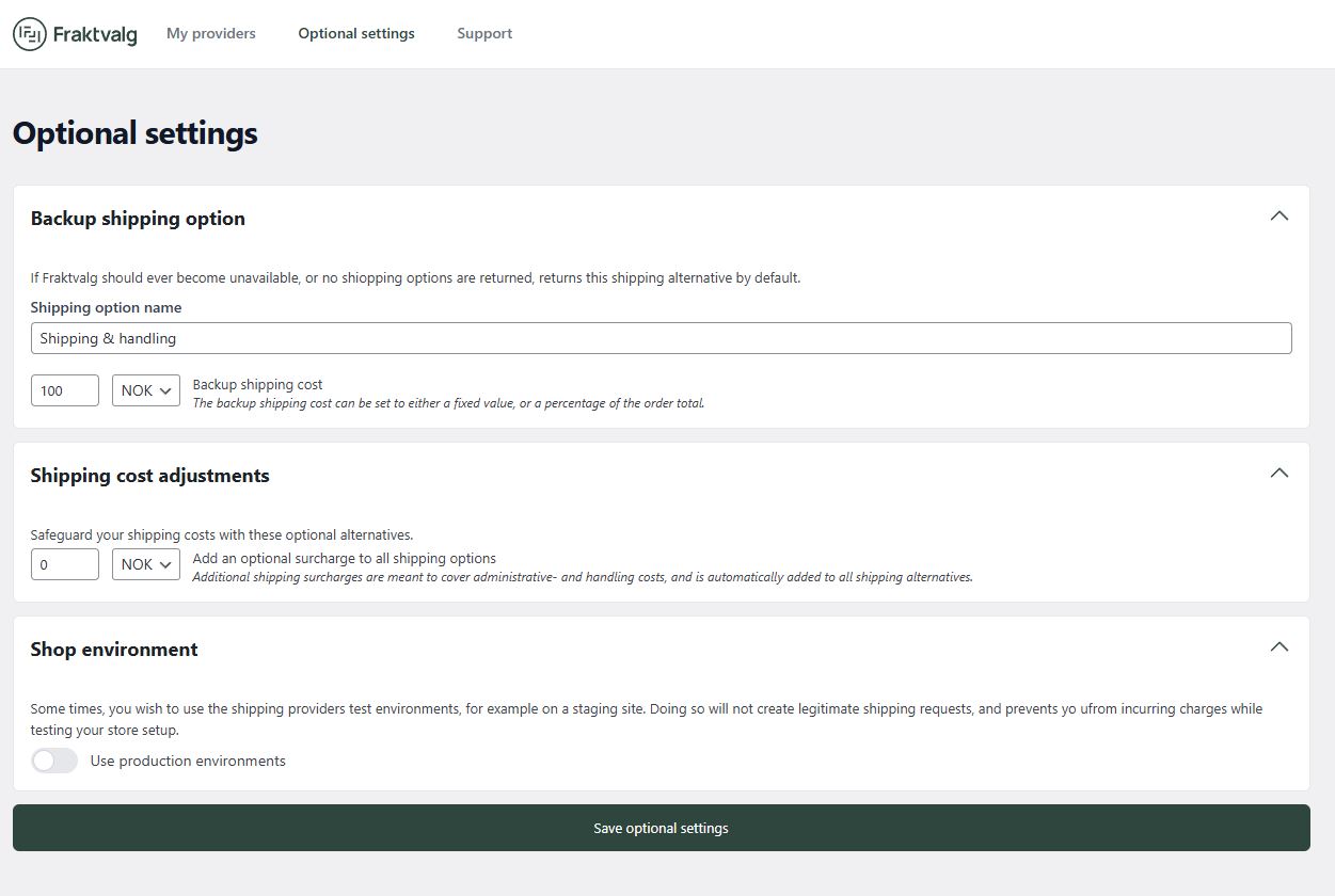 The optional settings, where fixed shipping and handling fees can be applied, as well as fallback shipping methods, and the home for settings not tied directly to the shipping providers.