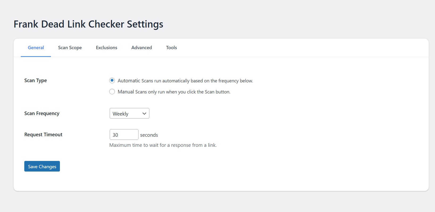 **Scan Settings** – Configure scan setting options like Scan Type, Scan Frequency, and Request Timeout.