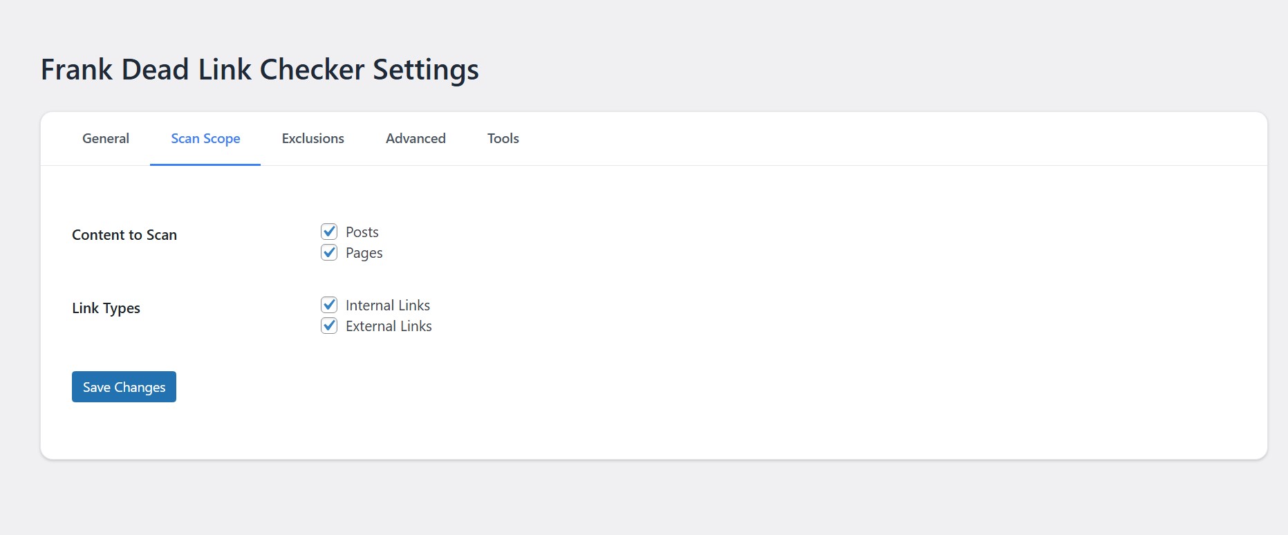 **Scan Scope Settings** – Configure scan setting for content and link types.