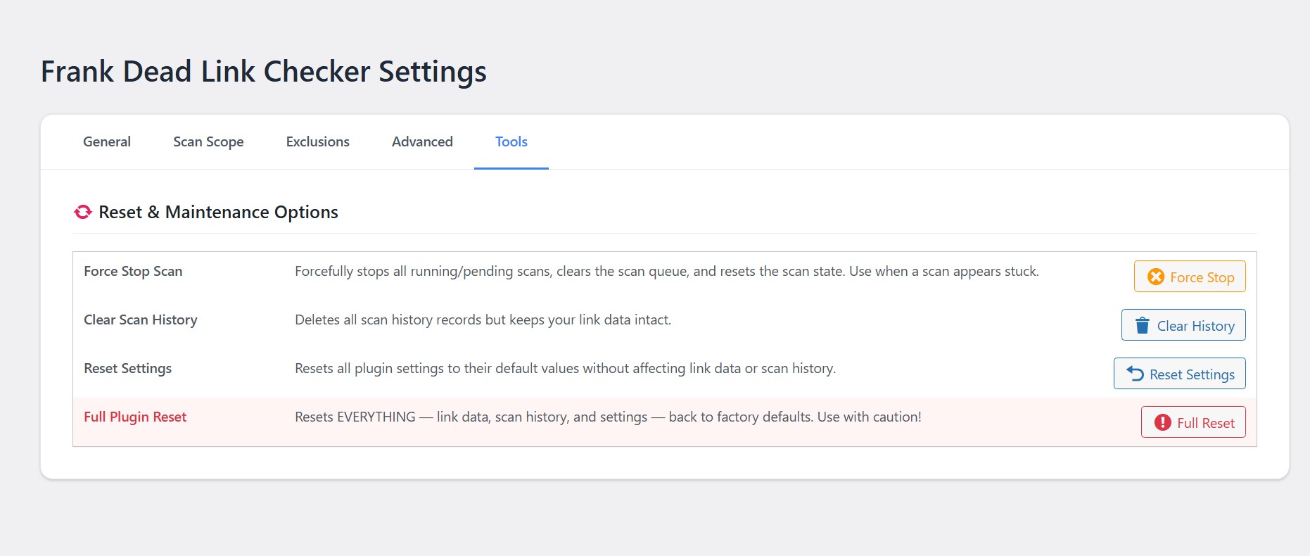 **Tools Settings** – Tools for Force Stop Scan, Clear Scan History, Reset Settings, and Full Plugin Reset.