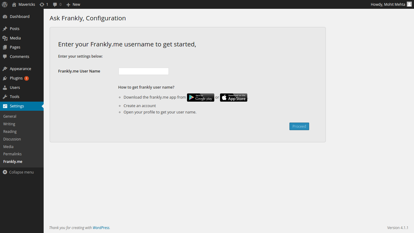 Initial setup sccreen in Settings > Frankly.me.
