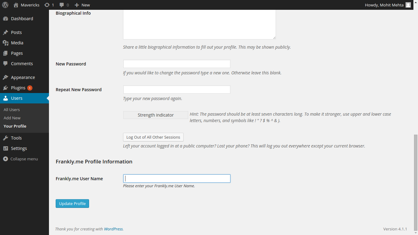 Customizing frankly.me user name of a user in his Site's user settings.