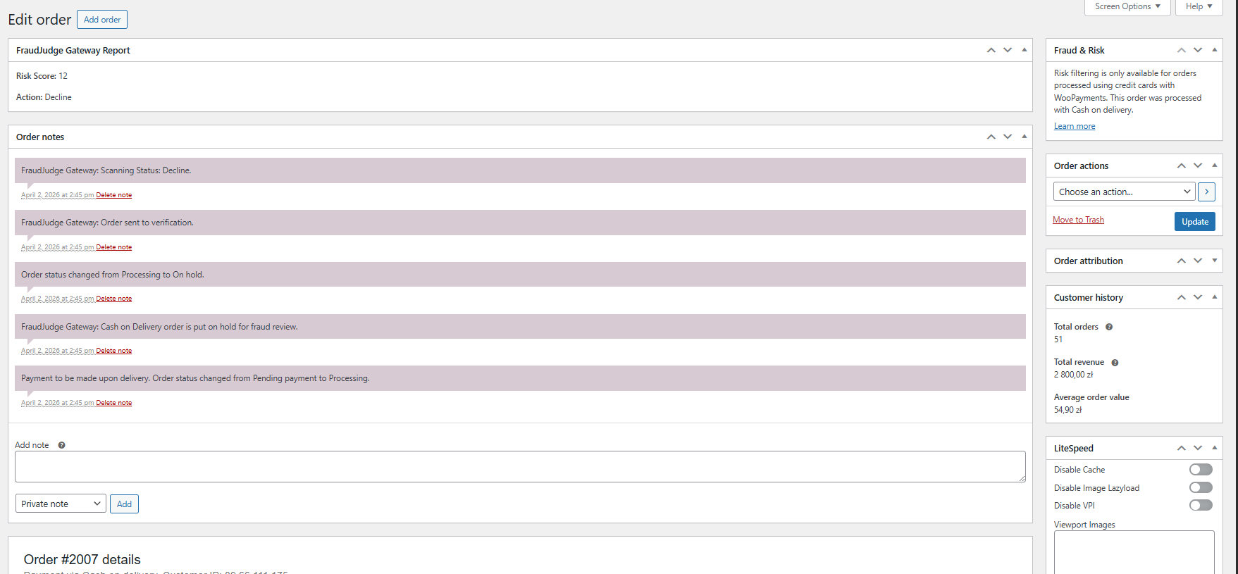 Risk outcome visible on an order (example)