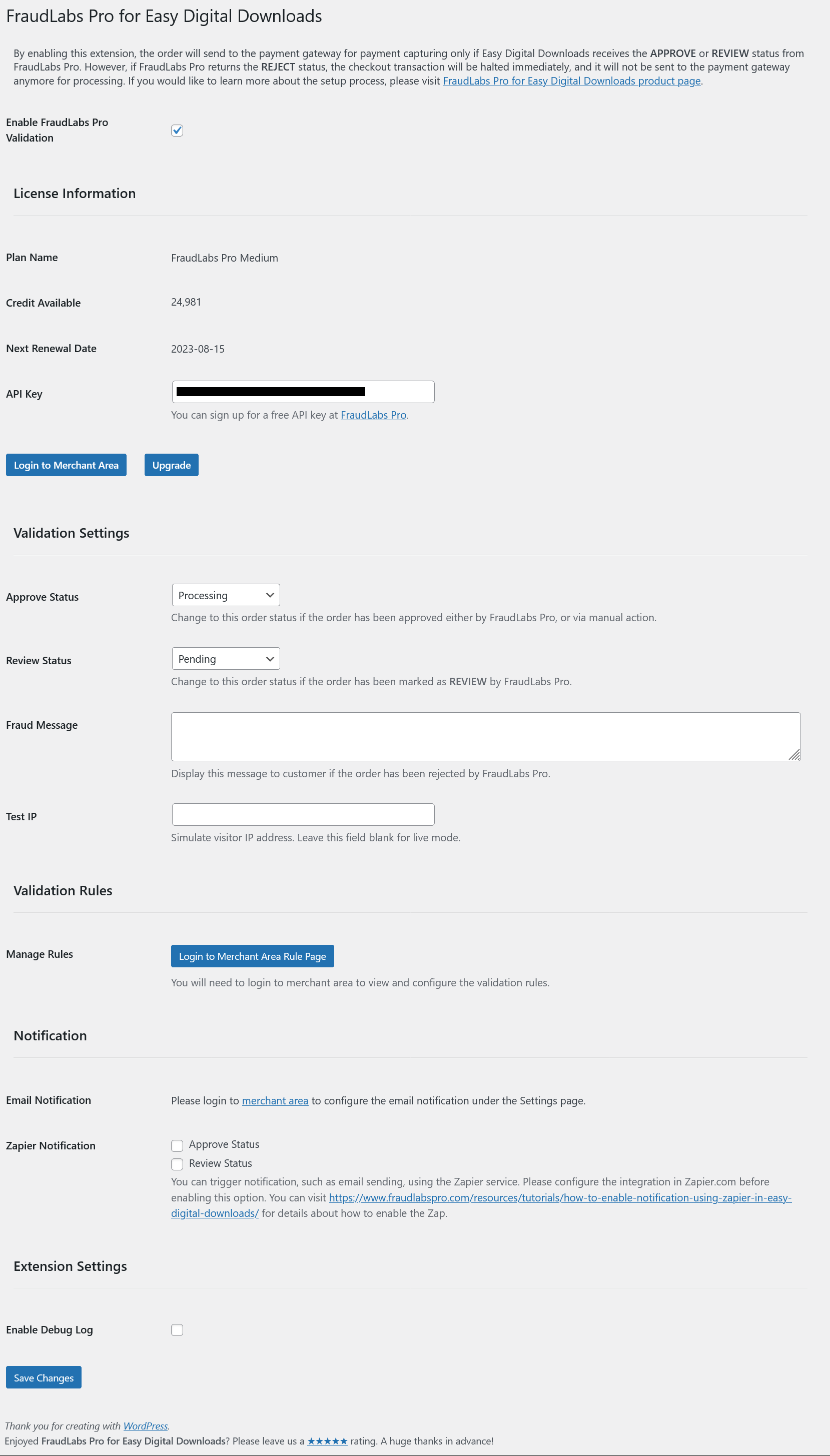 **Settings page** - FraudLabs Pro for Easy Digital Downloads Settings page.