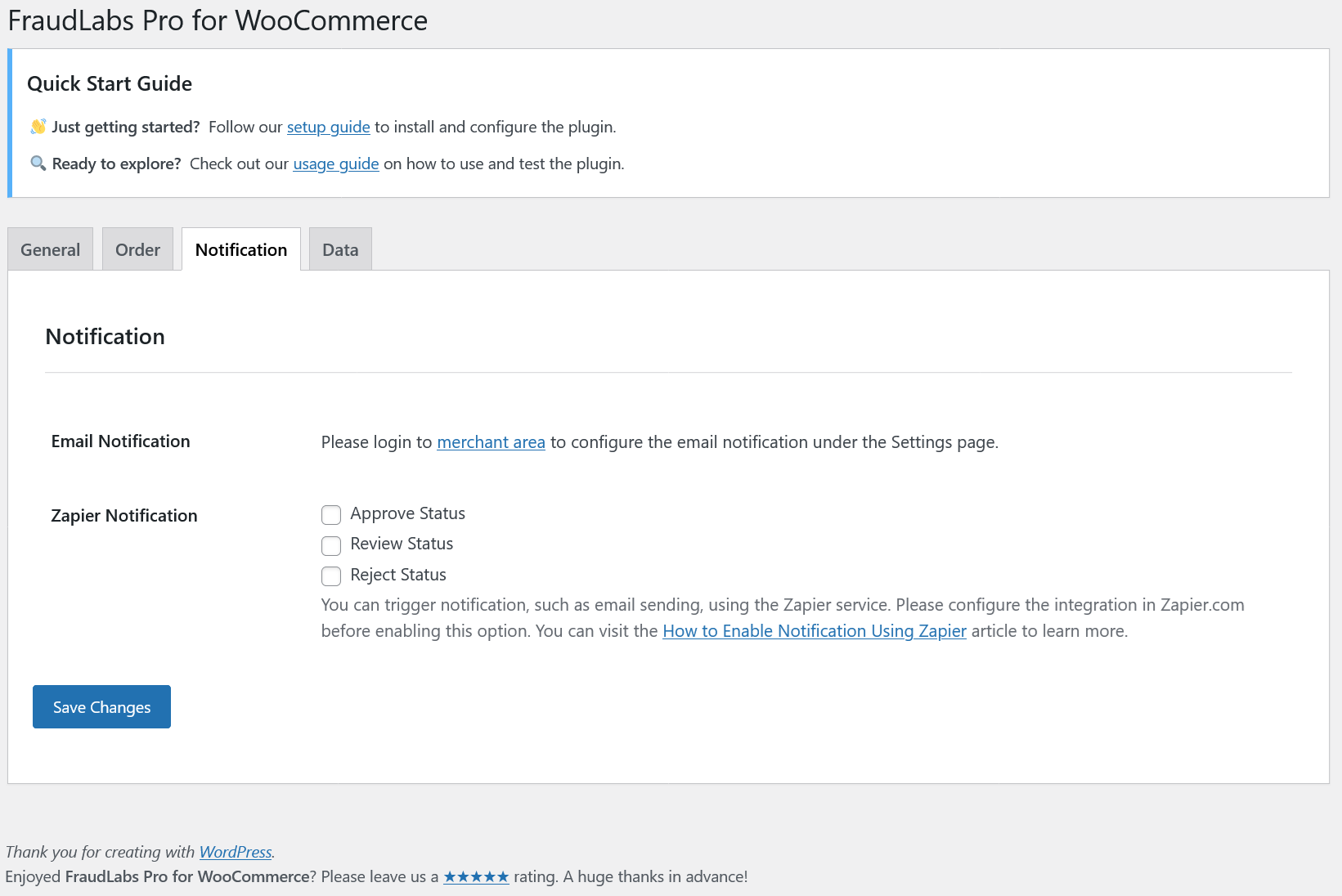 Settings page - FraudLabs Pro for WooCommerce Settings page Notification Tab.