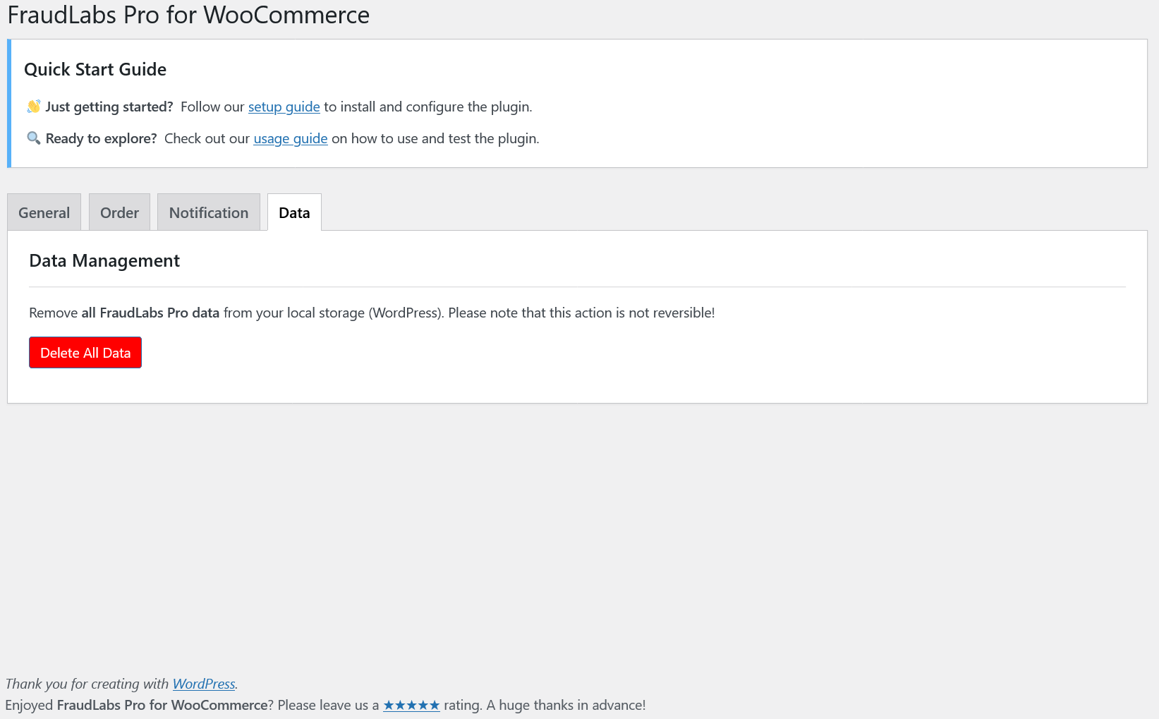 Settings page - FraudLabs Pro for WooCommerce Settings page Data Tab.