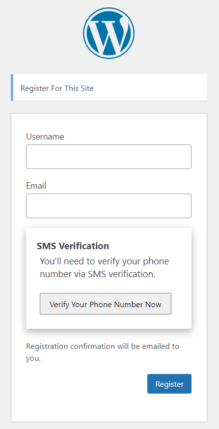 WordPress 默认注册表单上的 FraudLabs Pro SMS Verification 示例。