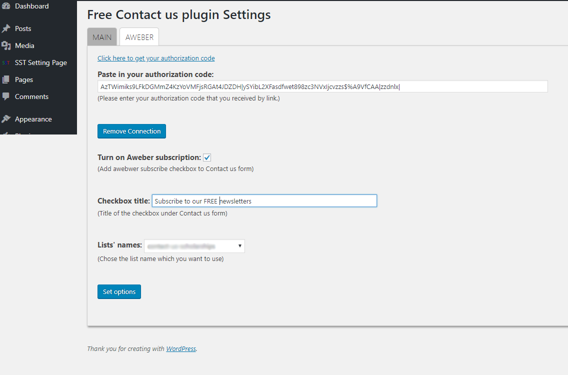 Aweber settings' tab