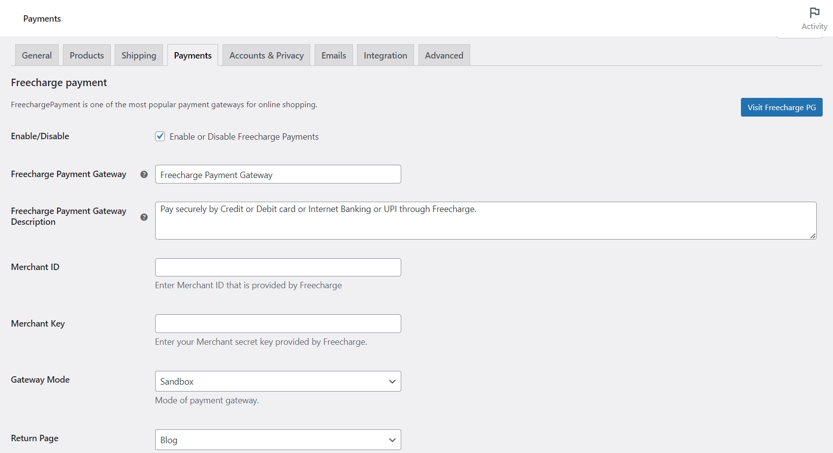 Freecharge PG for WooCommerce WordPress Plugin Screenshot 2: How to get to Freecharge's admin settings.