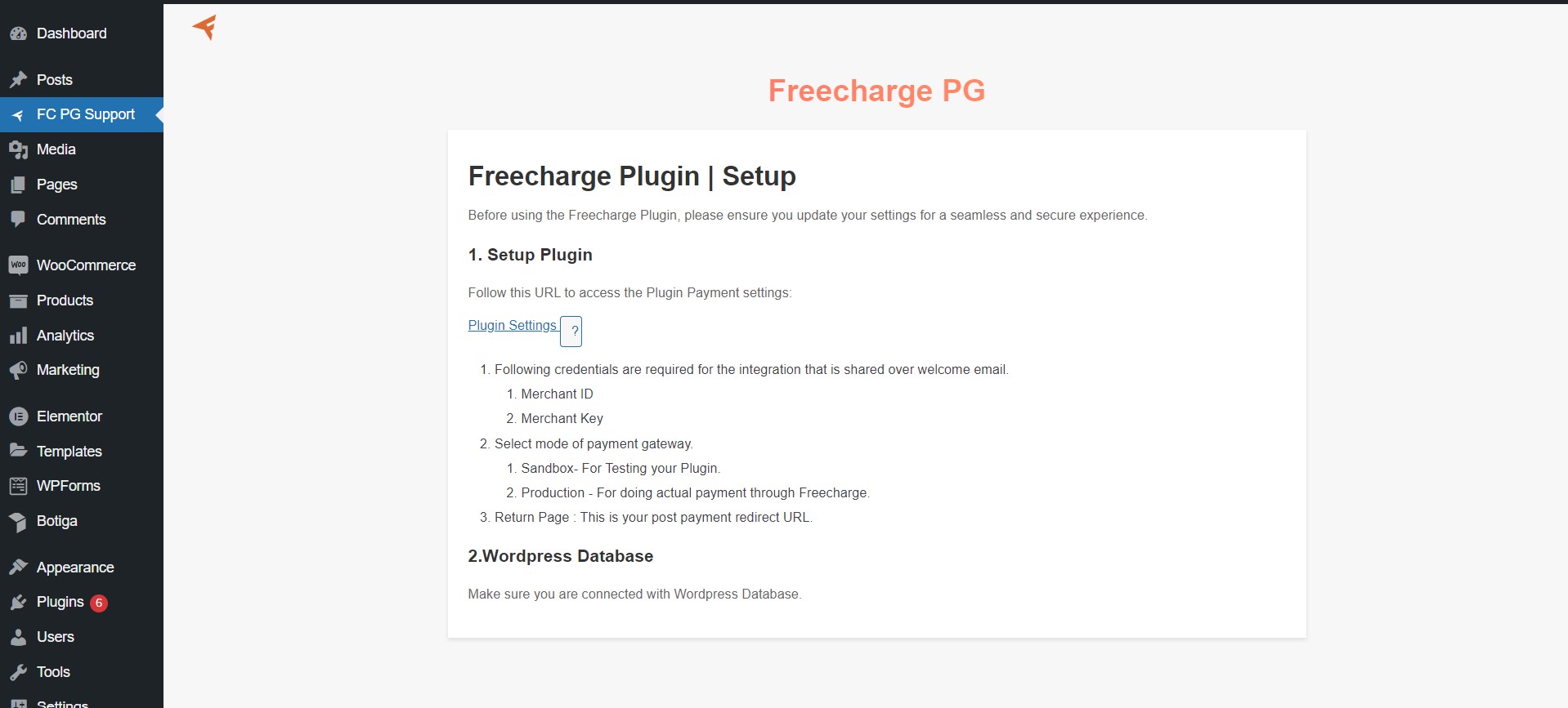 Freecharge PG for WooCommerce WordPress Plugin Screenshot 3: Freecharge PG Support Page.