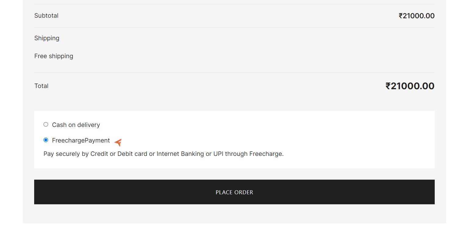 Freecharge PG for WooCommerce WordPress Plugin Screenshot 4: Select Freecharge payments from WooCommerce checkout page.
