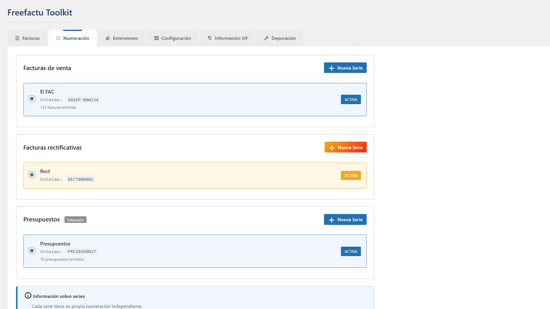 Invoice numbering series configuration for managing multiple invoice sequences