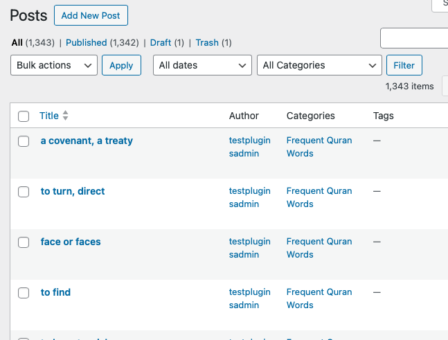Imported words appear in posts section of admin area with custom category assigned for easy management