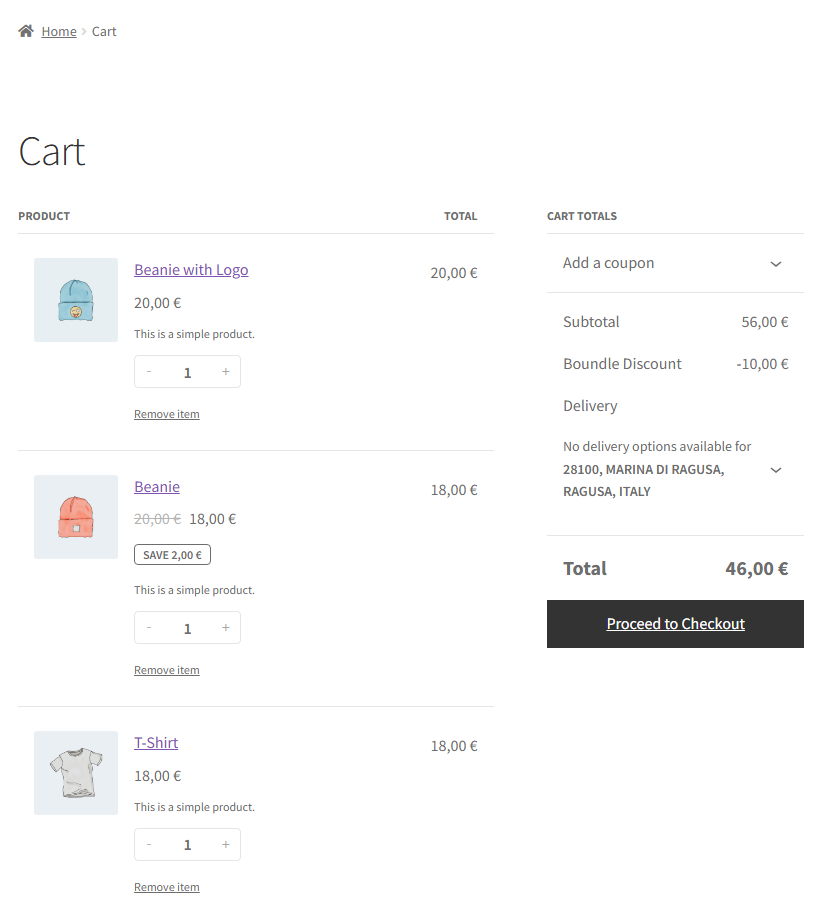 Allow users to independently manage products within the cart and clearly view any bundle discounts applied.