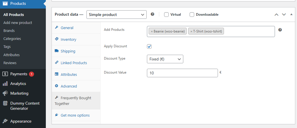 Easily configure related products in the "Frequently Bought Together" tab when editing a product, enhancing cross-selling opportunities.