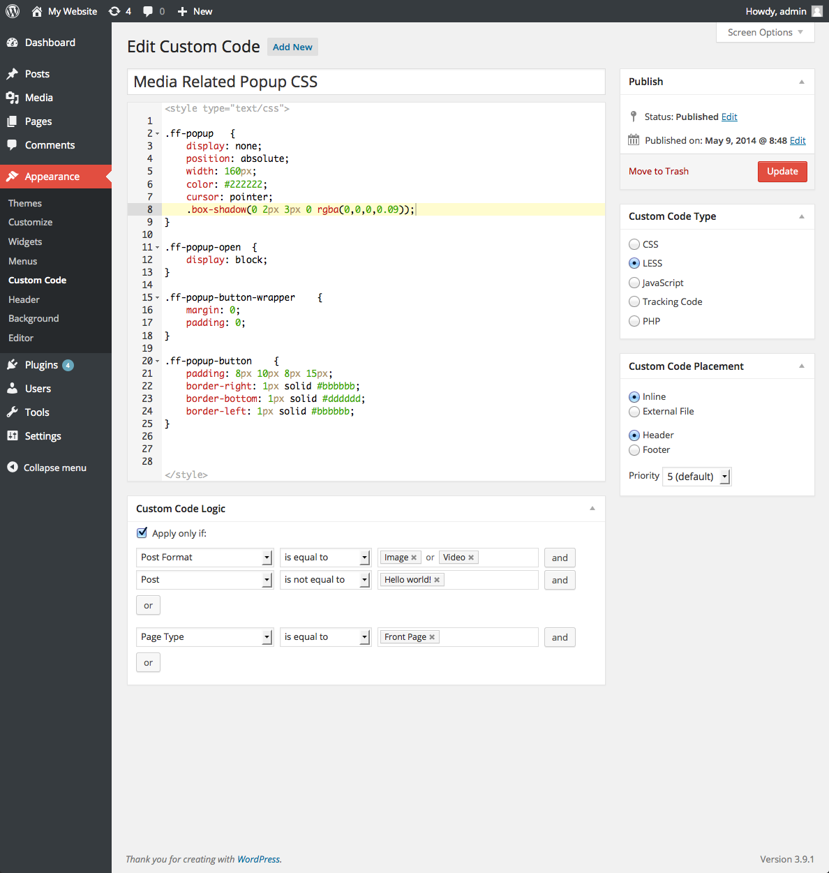 Interface of our custom code plugin