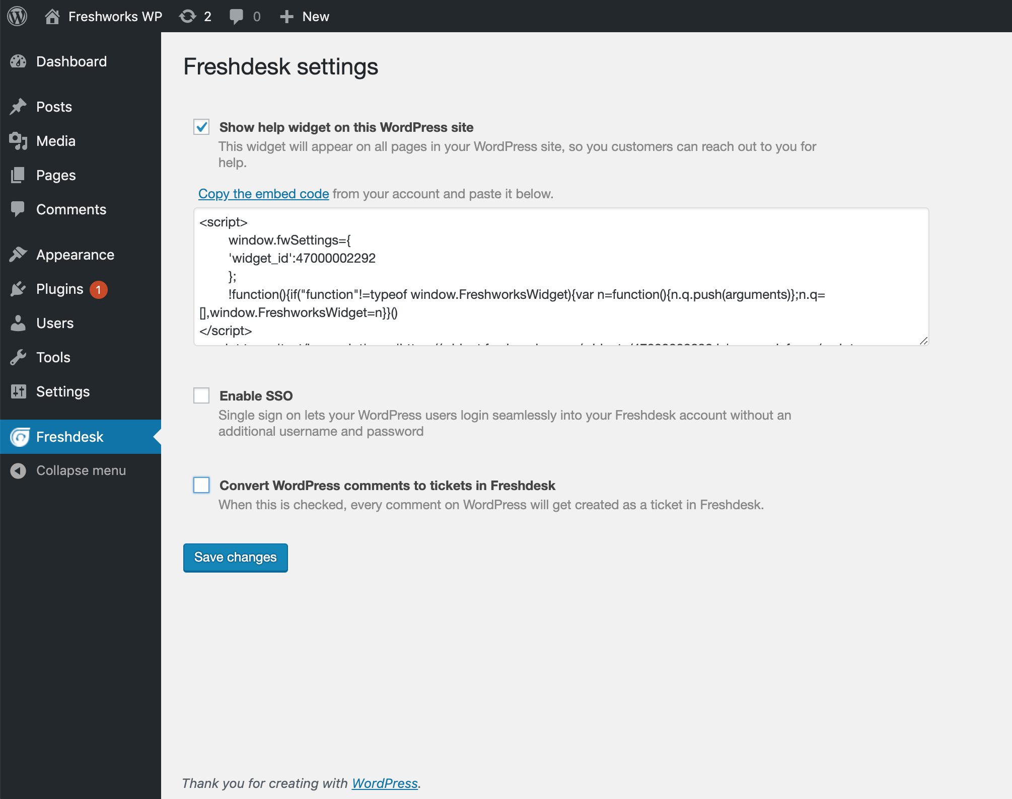 Freshdesk (official) plugin's settings page in WordPress