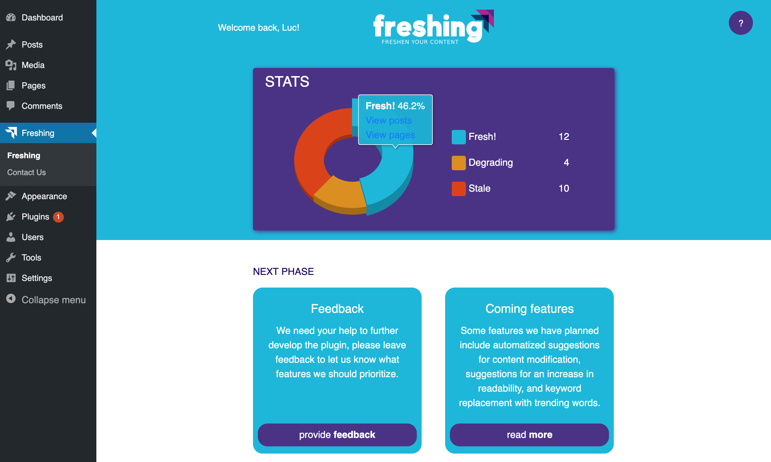 An overview of your website's freshness. This, among other things, contains information about how many pages are fresh, degrading, and stale (view description for further explaination).
