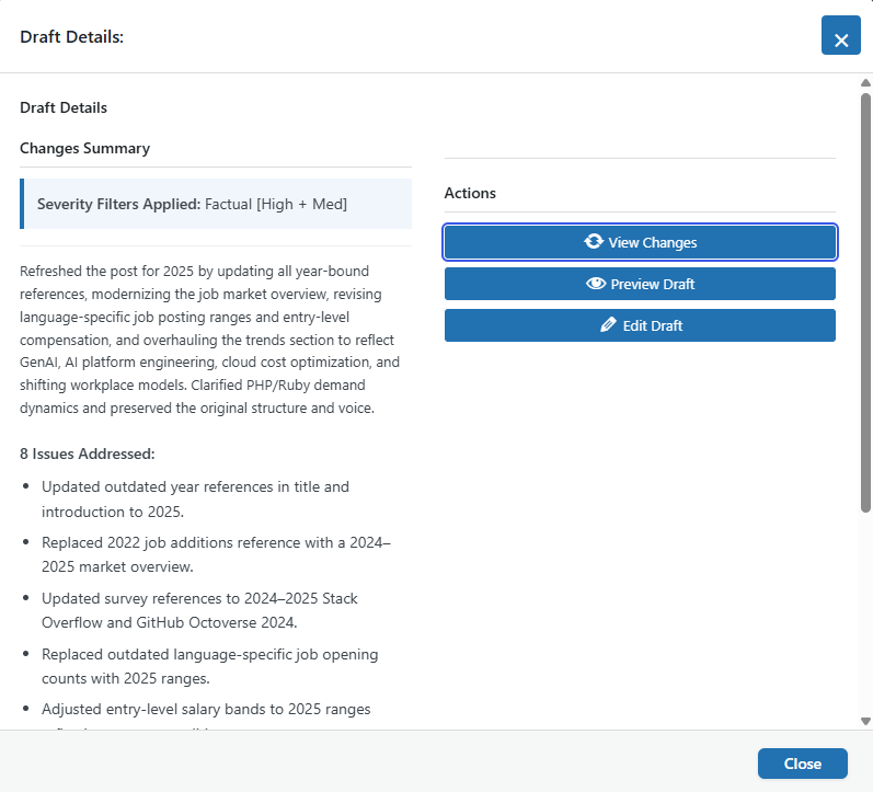 Draft details screen