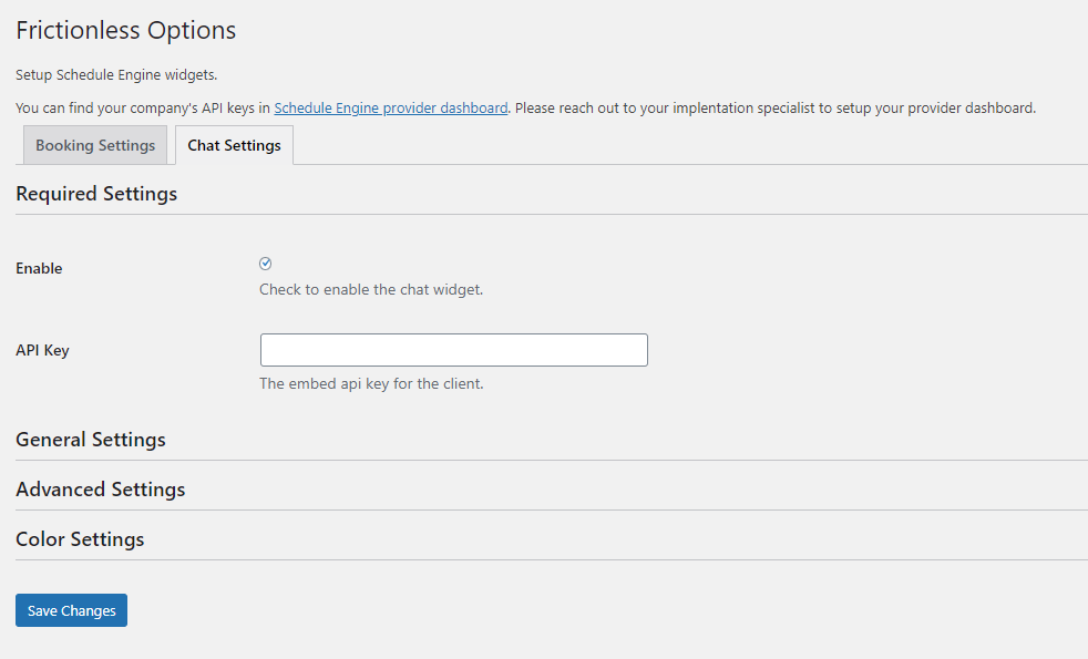 **Chat Settings:** These settings allow you to automatically embed your chat widget.