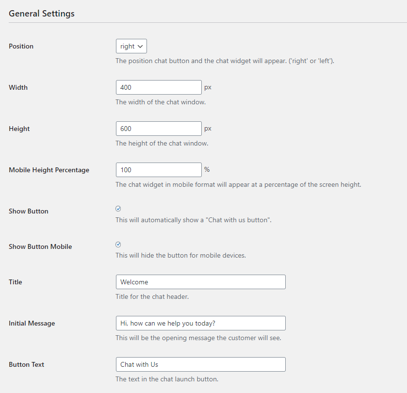**Chat Settings>General Settings:** These settings allow you to configure the chat window behavior.