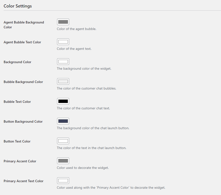 **Chat Settings>Color Settings:** These settings allow you to adjust the chat bubble and window theming.