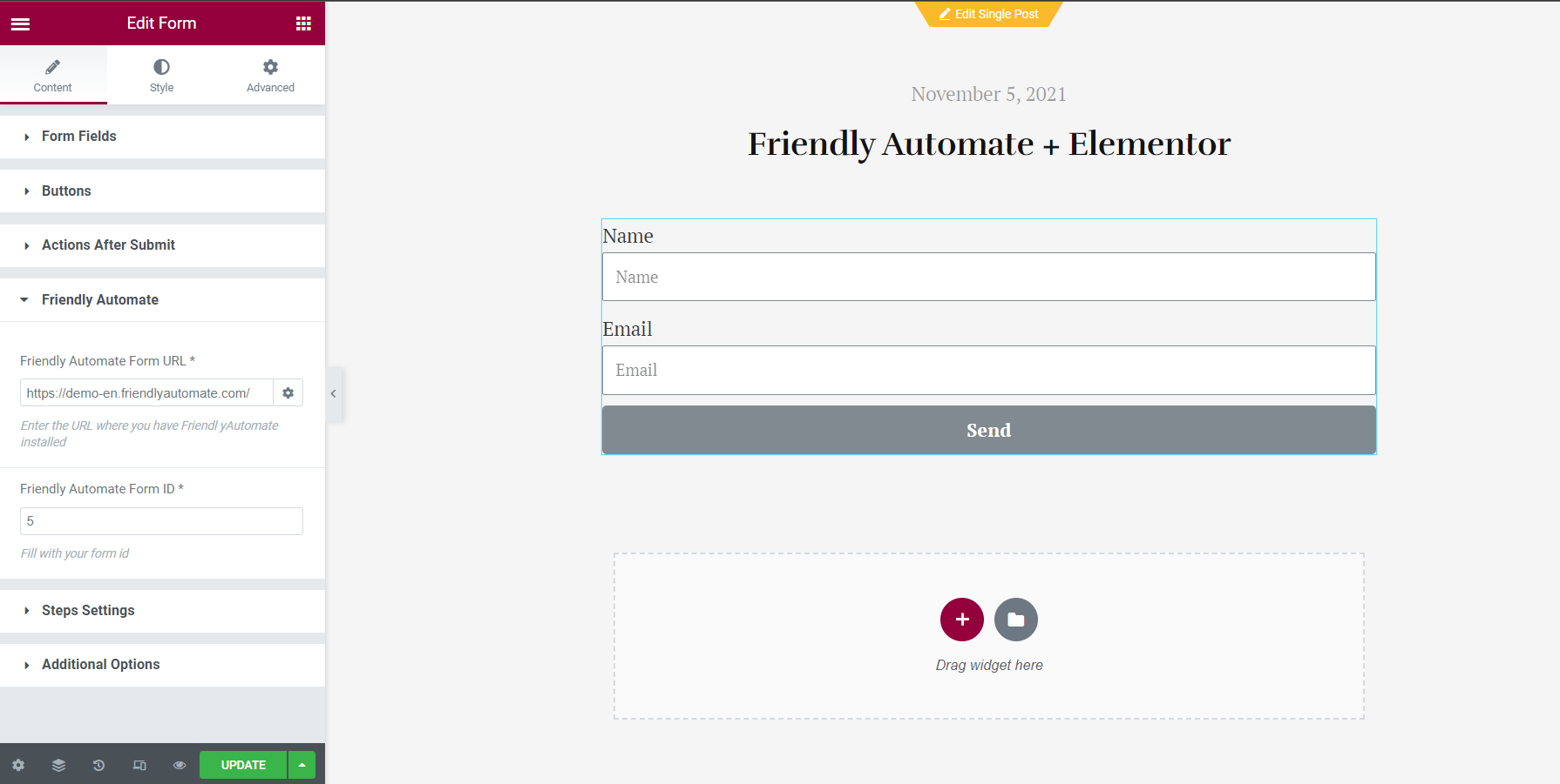 Integrating Friendly Automate with Elementor