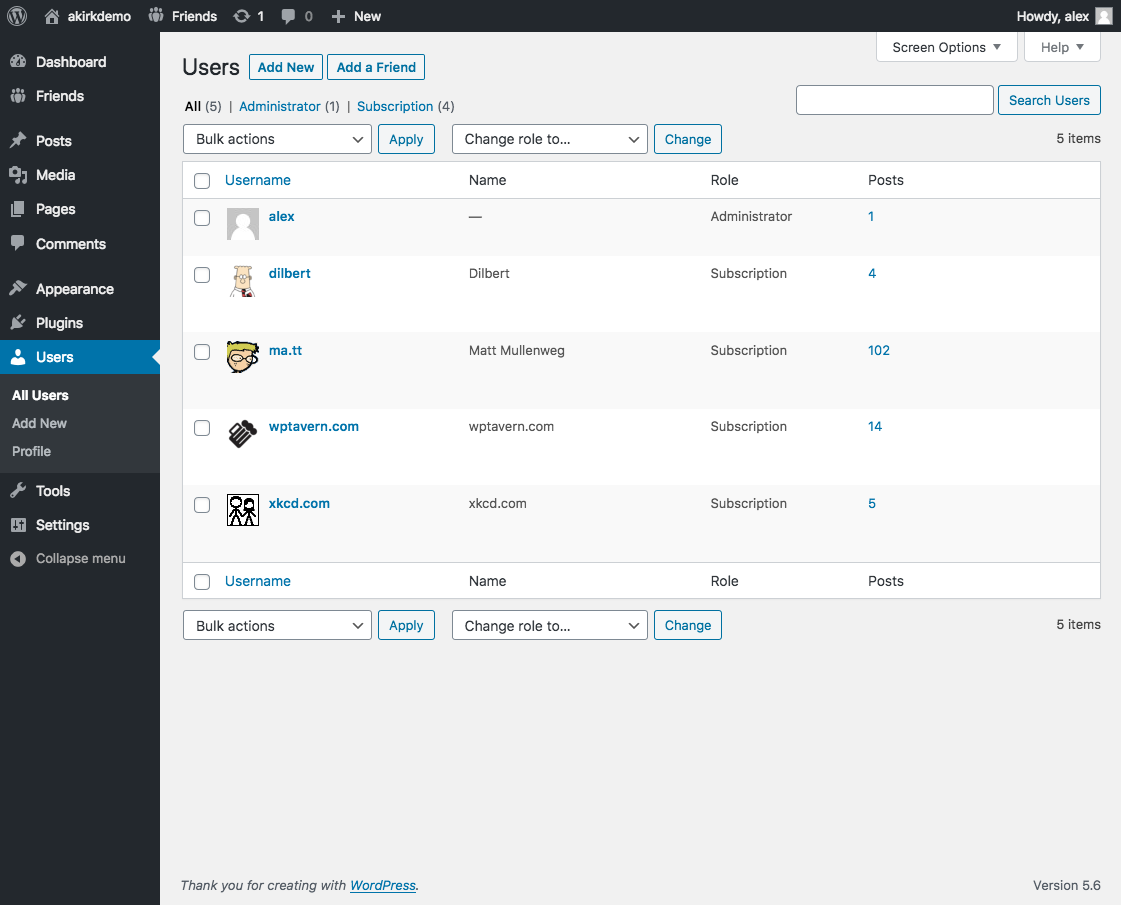 Friends users are plain WordPress users with low privileges
