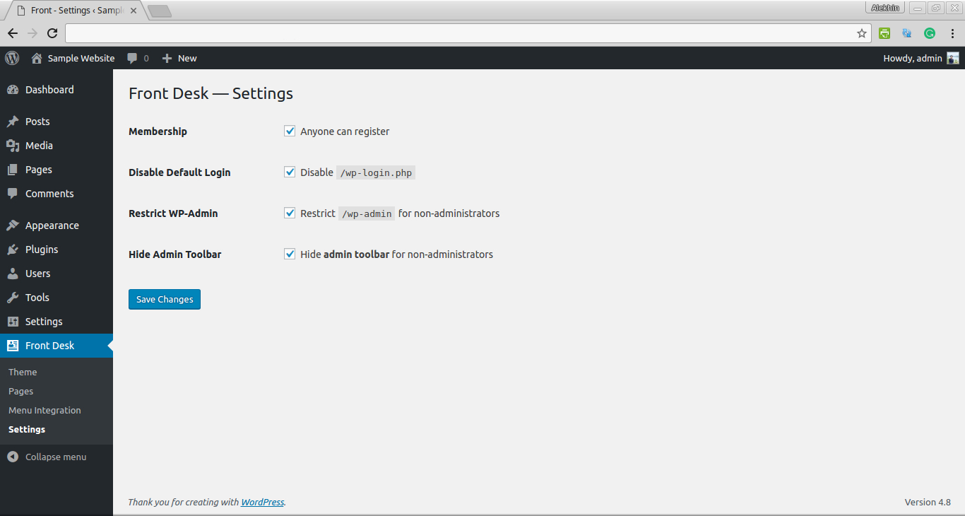 Administration Screen: Enable additional settings you want to make your site a little bit more secure or to hide the WordPress admin side from your users.