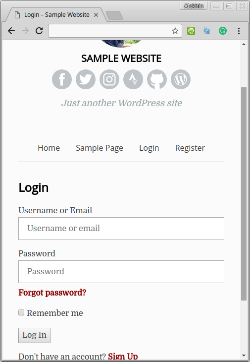 Sample login form using a sample theme viewed on mobile.