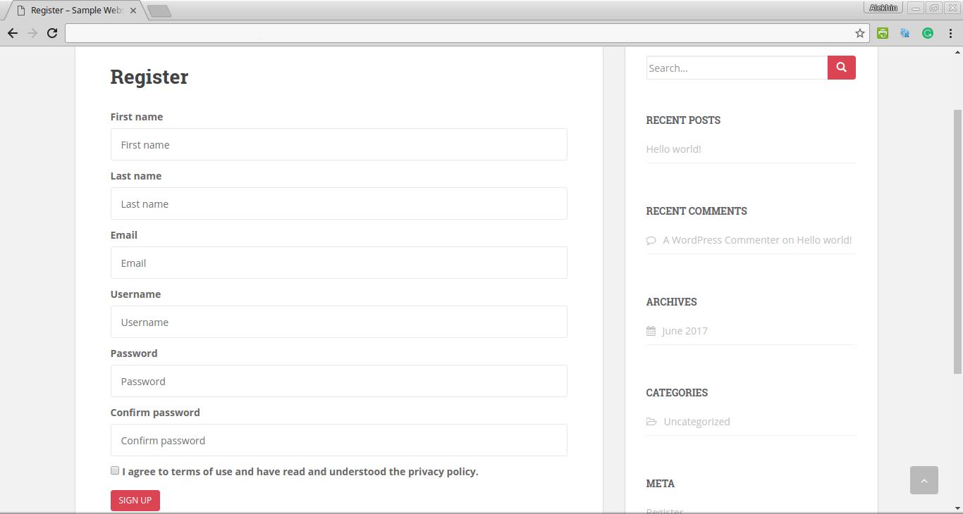 Sample registration form. The styling will be highly dependent on the theme you are using.