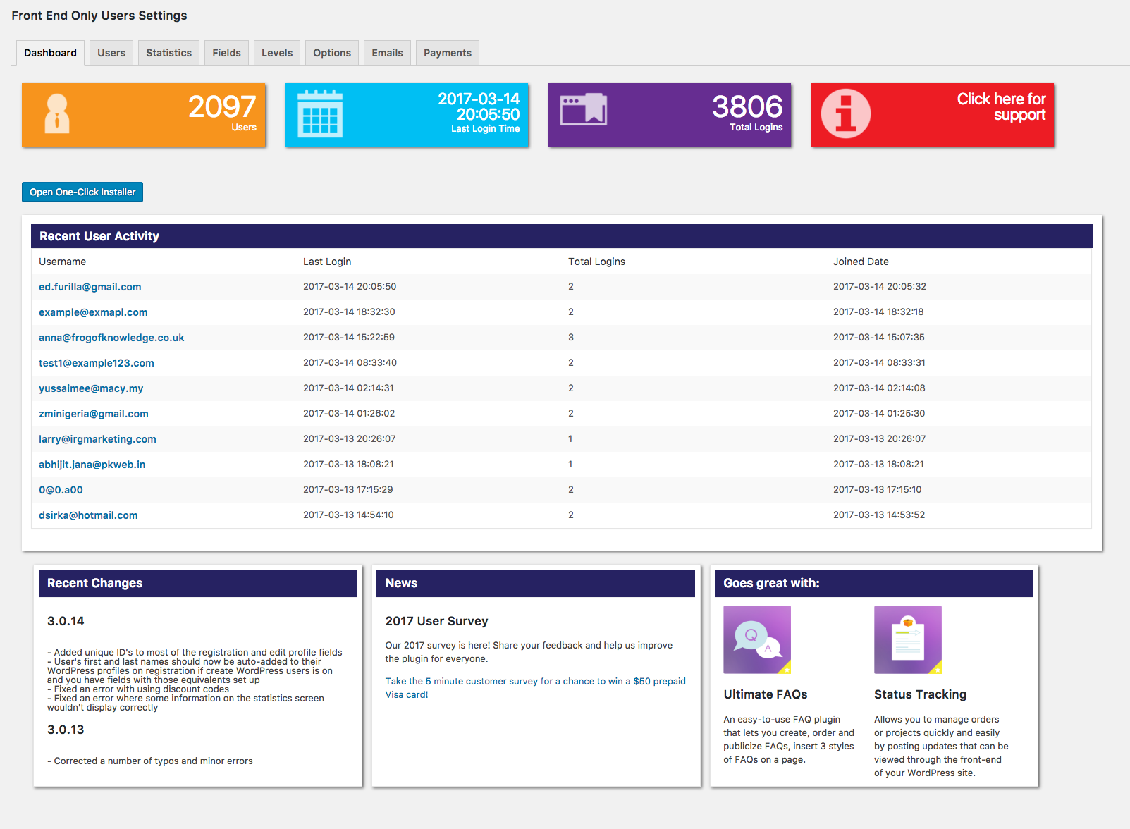 The "Payments" admin screen, showing recent payments, amount paid, next payment date and discount code used