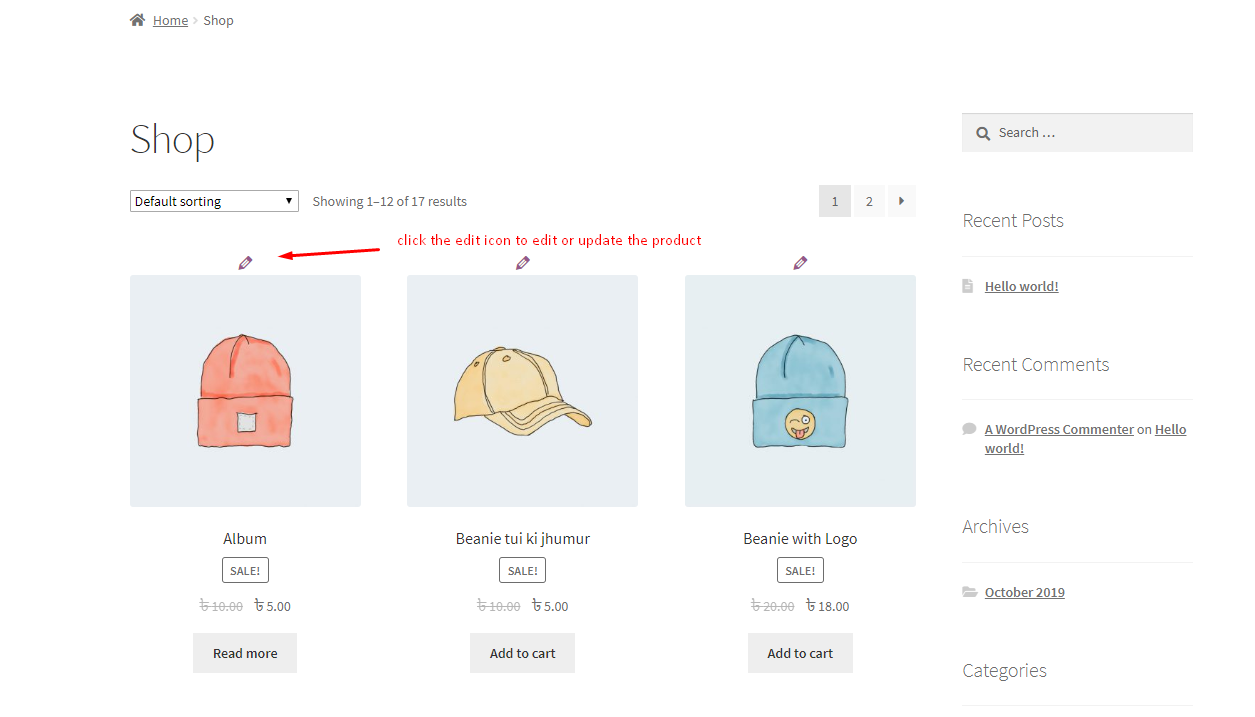 Edit icon above product
