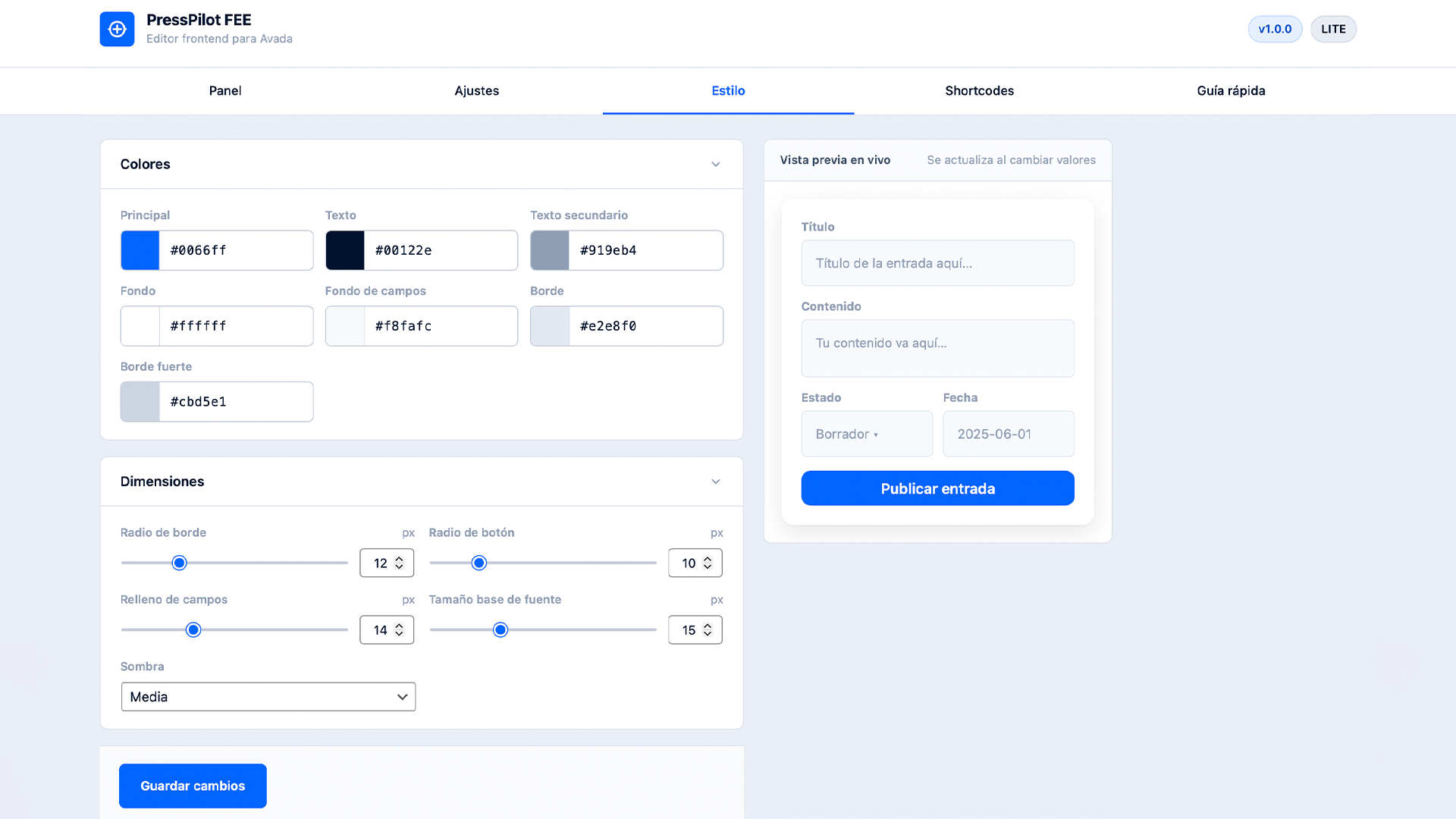 Admin settings — style and permissions panel (PressPilot FEE menu).
