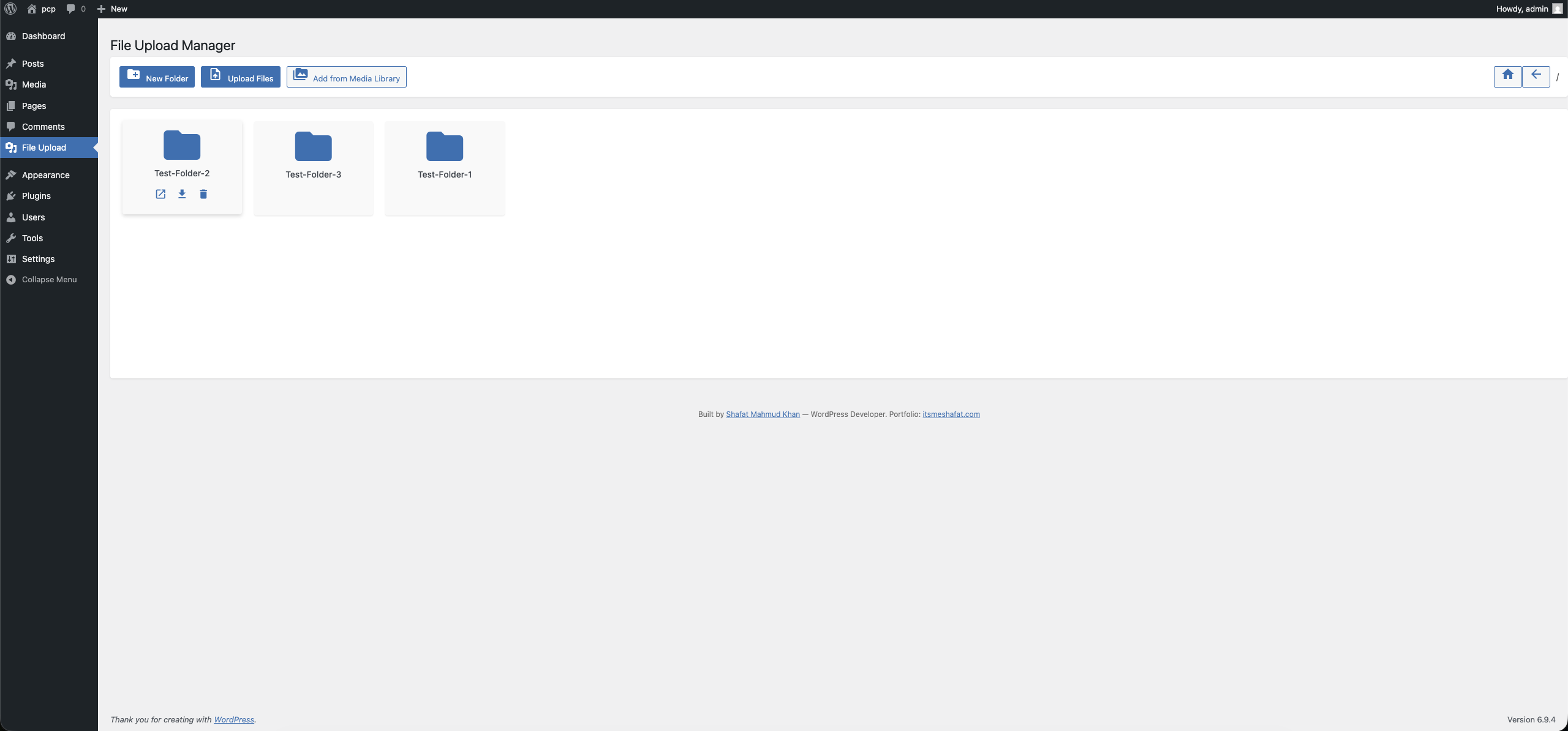 Frontend file explorer embedded via shortcode (frontend view).