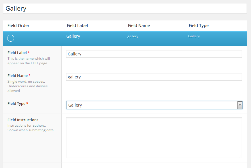 Gallery Fild created with the help of Advanced Custom Fields and Advanced Custom Fields: Gallery Field.