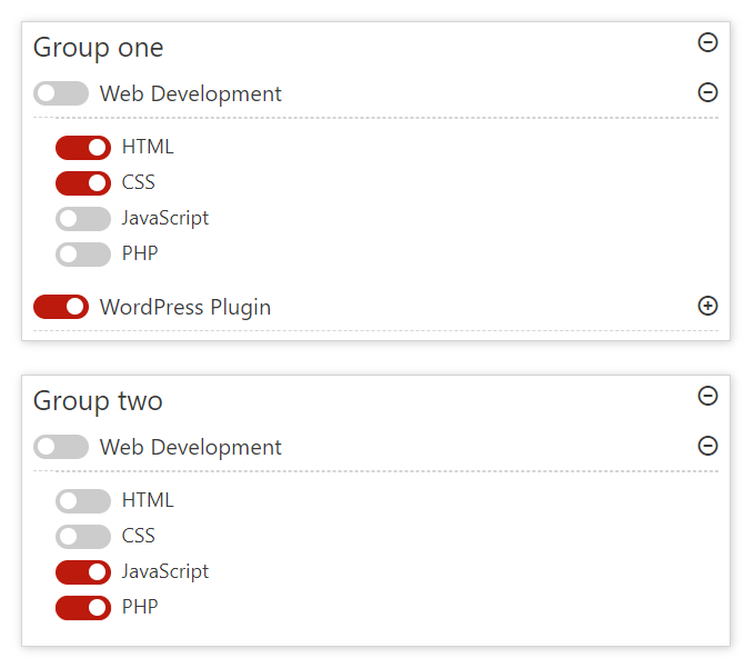 Frontend view for Group leader: Where few Courses and lessons are restricted (in red) for each group.